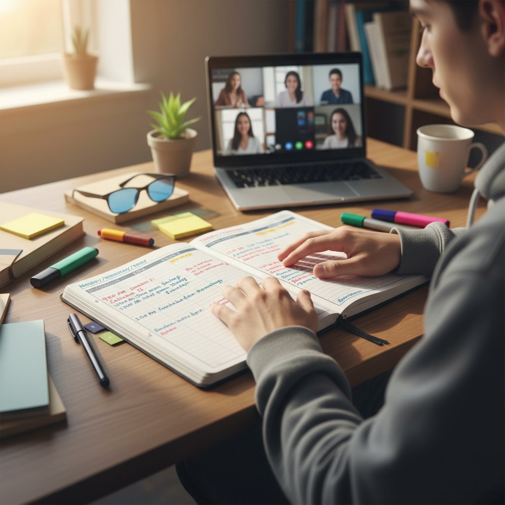 Maturzysta planujący harmonogram nauki z zadaniami online i interaktywnym plannerem