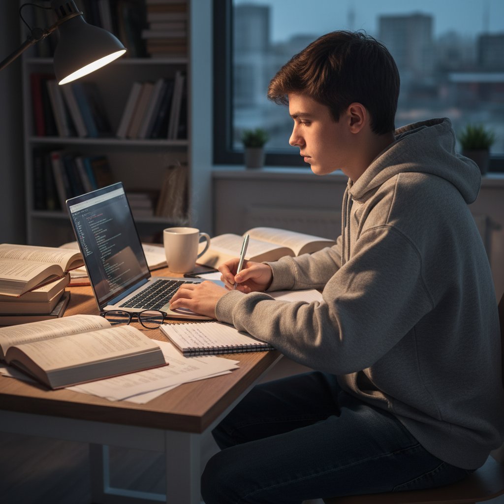 Student przygotowujący się do nauki biofizyki online, otwarte podręczniki, laptop, notatki