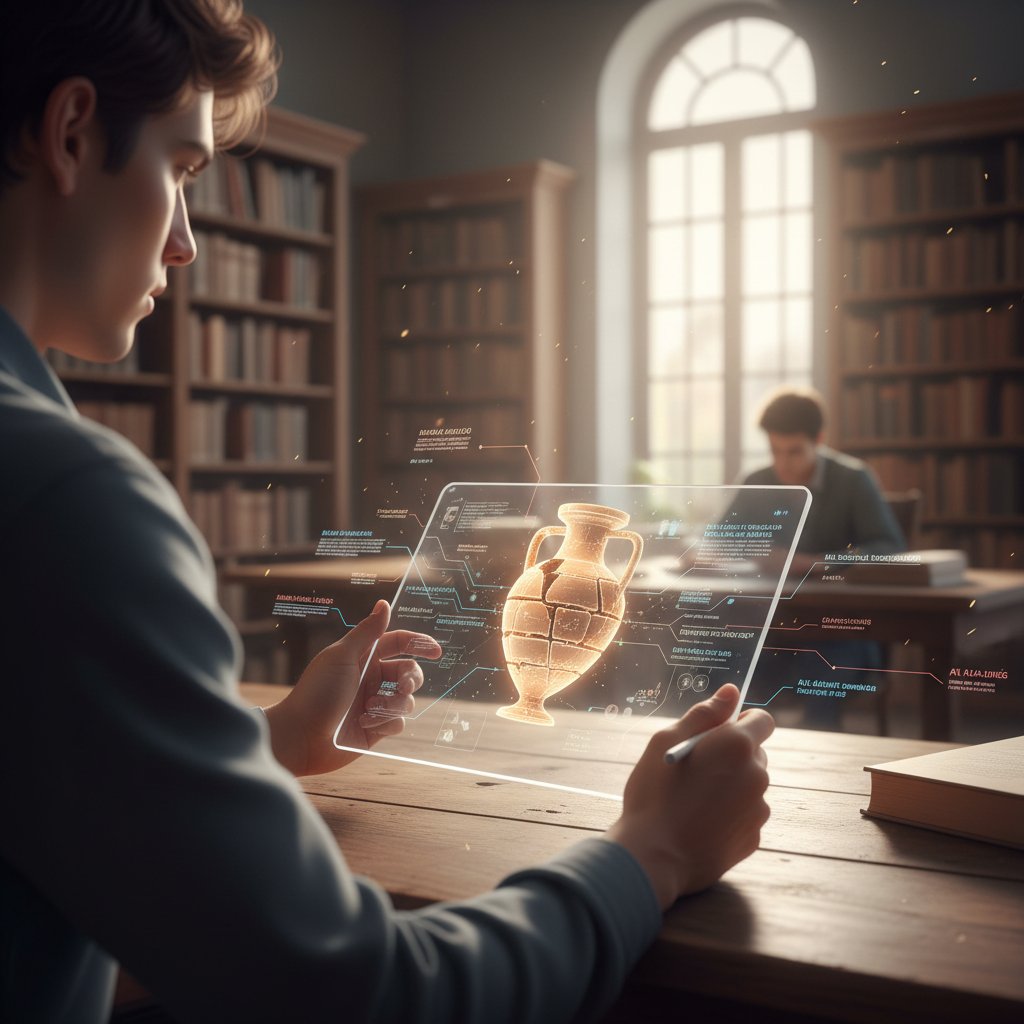 Student korzystający z tabletu, na którym wyświetlane są modele 3D starożytnych artefaktów i notatki AI