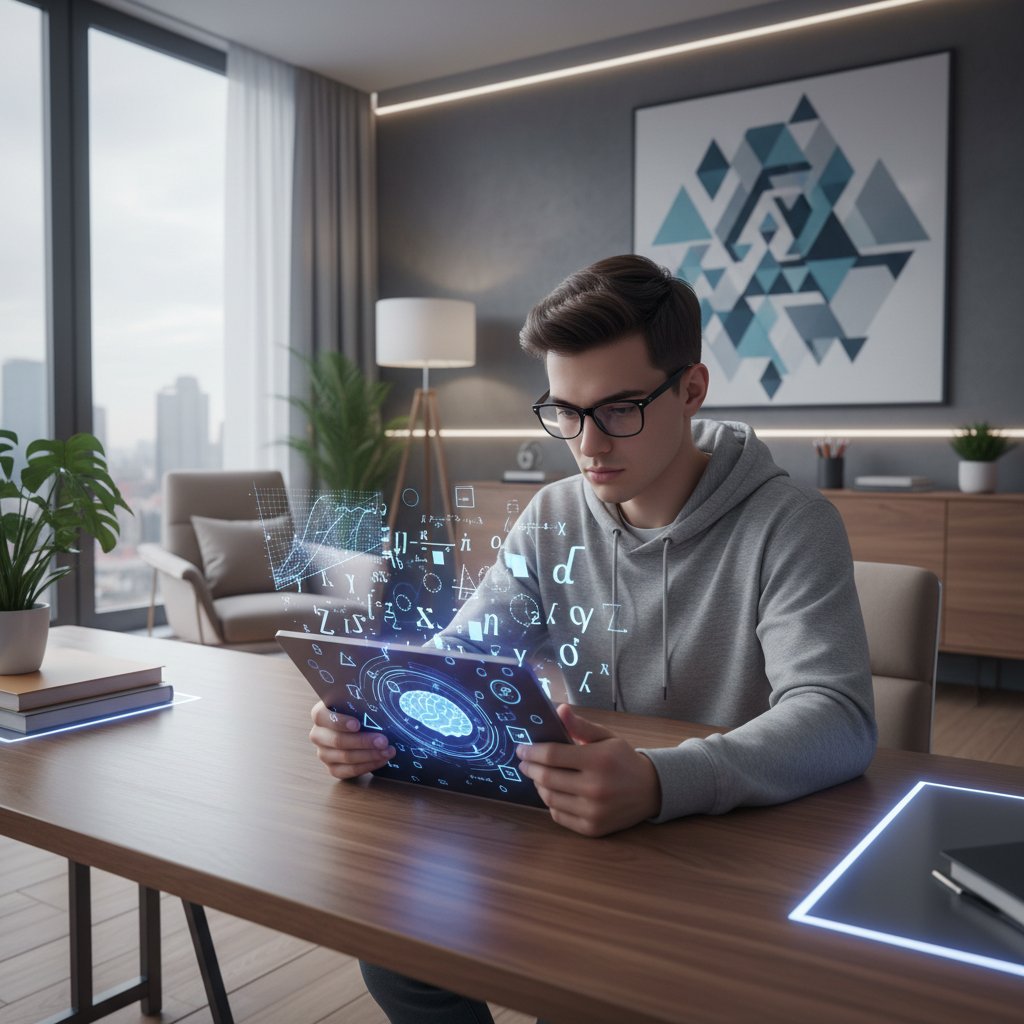 Uczeń korzystający z aplikacji AI na tablecie, skoncentrowany, nowoczesne otoczenie, matematyczne symbole na ekranie