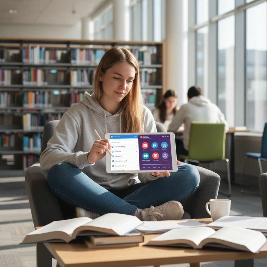 Uczeń korzystający z tabletu, zestawiający różne platformy edukacyjne dostępne online
