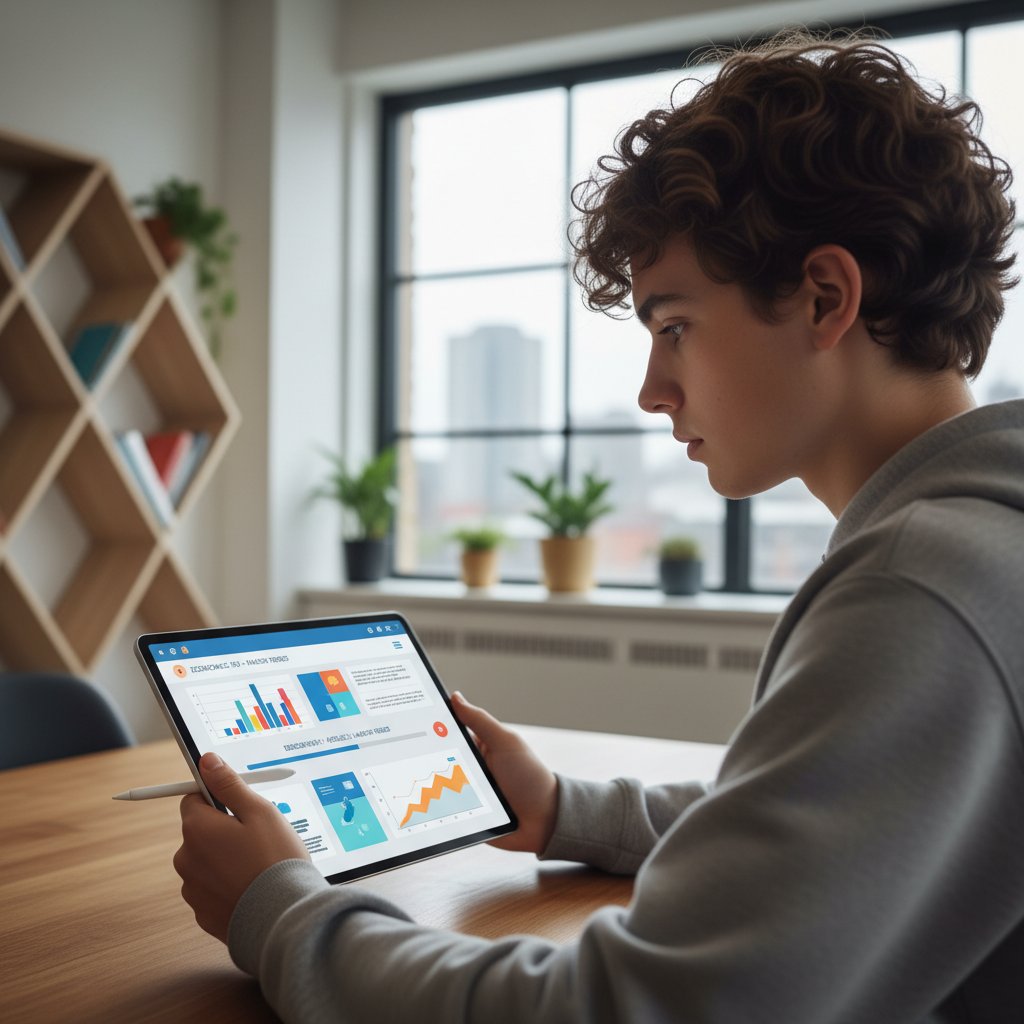 Uczeń korzystający z aplikacji edukacyjnej na tablecie, nowoczesne wnętrze, skupiony wyraz twarzy