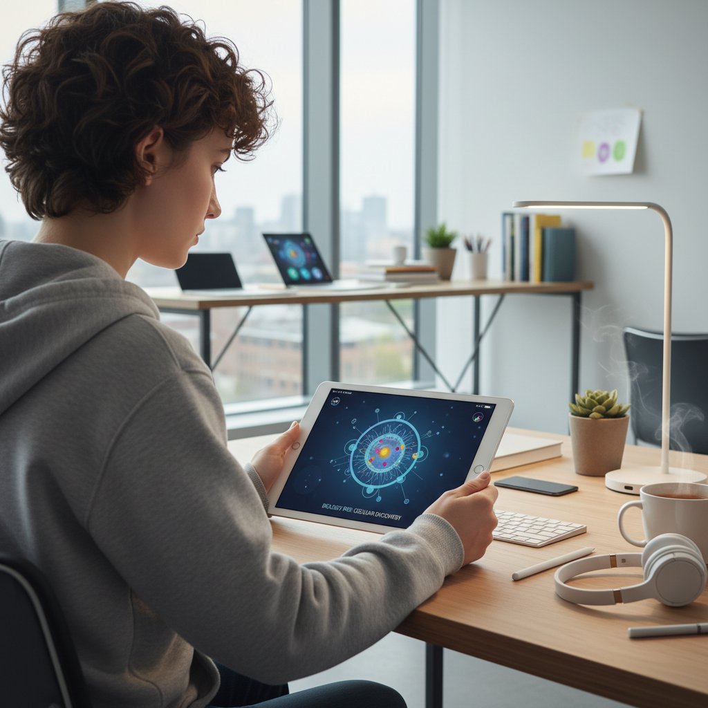 Uczeń korzystający z tabletu i aplikacji edukacyjnych przy biurku, nowoczesna technologia