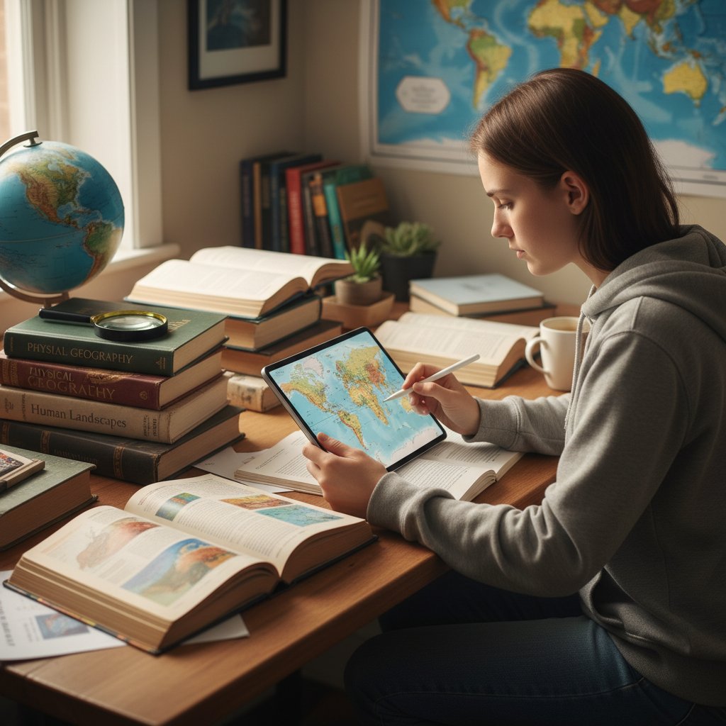 Uczennica korzystająca z aplikacji edukacyjnej na tablecie, obok tradycyjnych książek i map