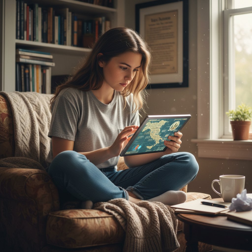 Uczennica rozmawiająca z tabletem w domu, uśmiechnięta i zaangażowana