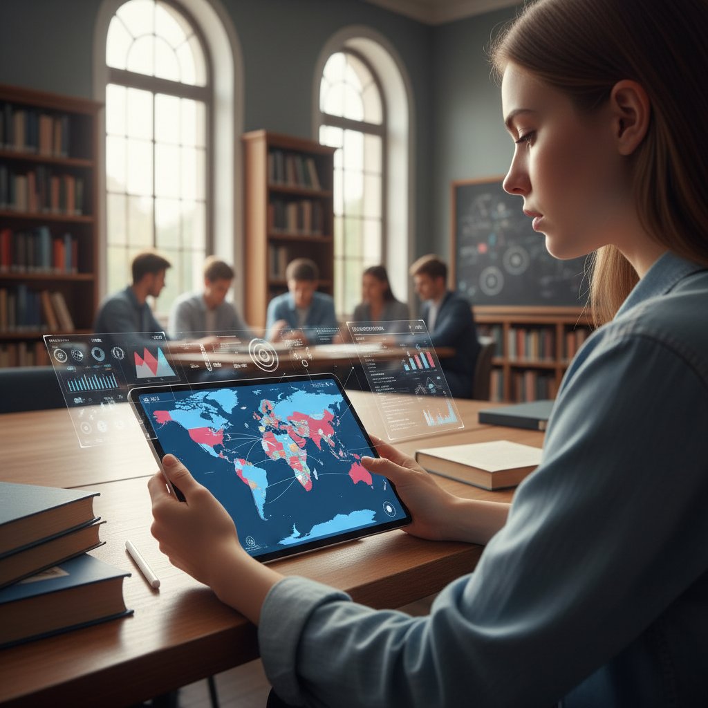 Uczeń korzysta z interaktywnej mapy politycznej na tablecie