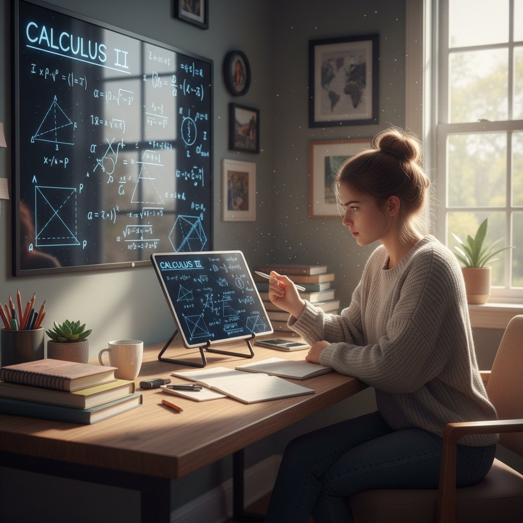 Uczeń z tabletem, notatki matematyczne, cyfrowa tablica, domowe zacisze