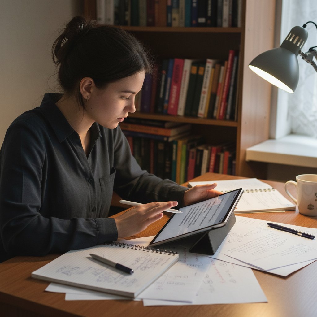 Uczennica notująca nowe rosyjskie słowa podczas czytania na tablecie