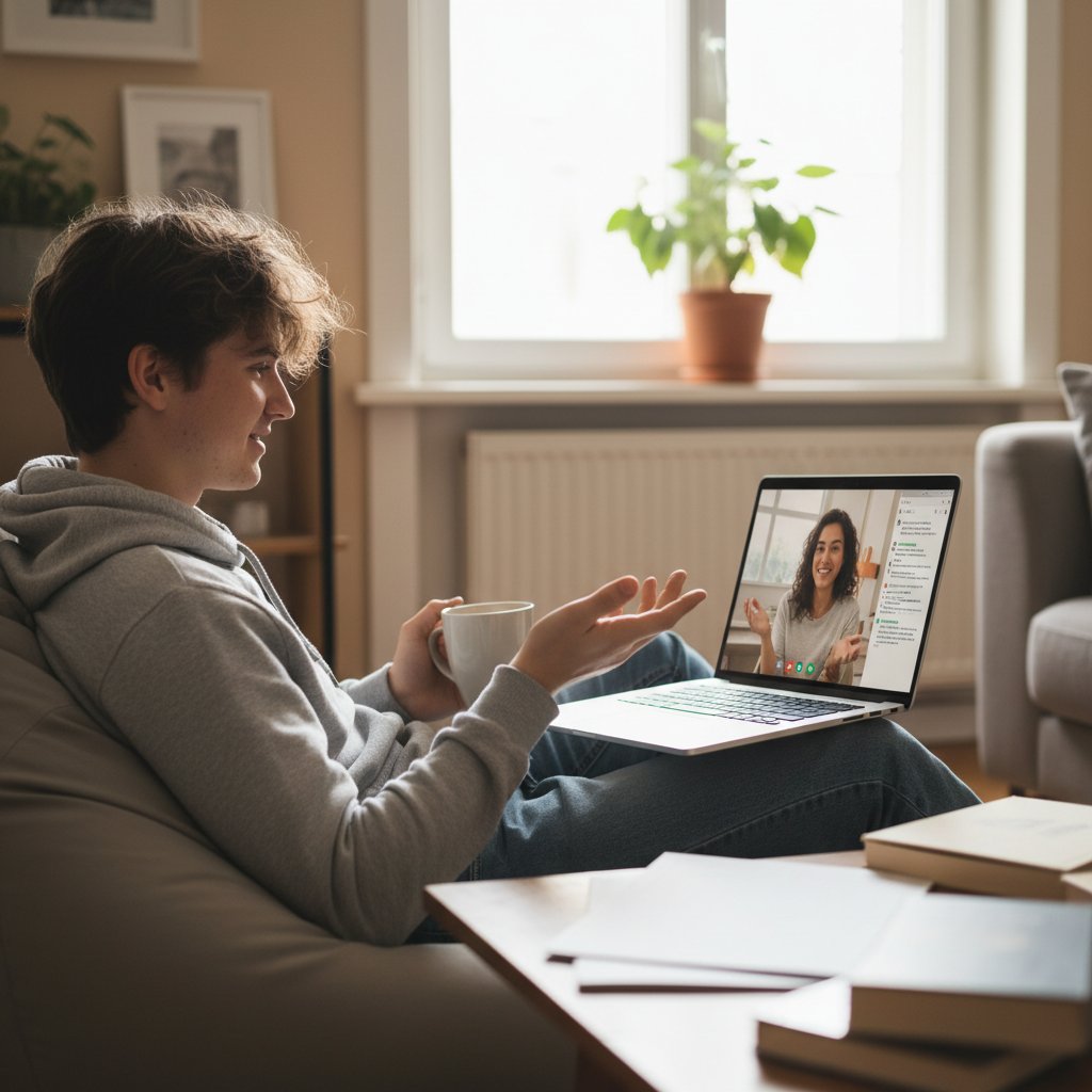Student rozmawia z native speakerem przez internet, ekran laptopa z hiszpańskim czatem, swobodna atmosfera