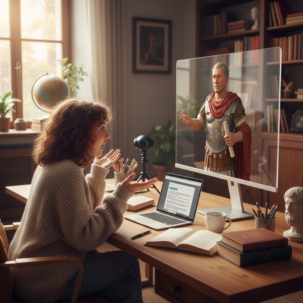 Uczeń rozmawia z historyczną postacią na ekranie komputera w domowym biurze