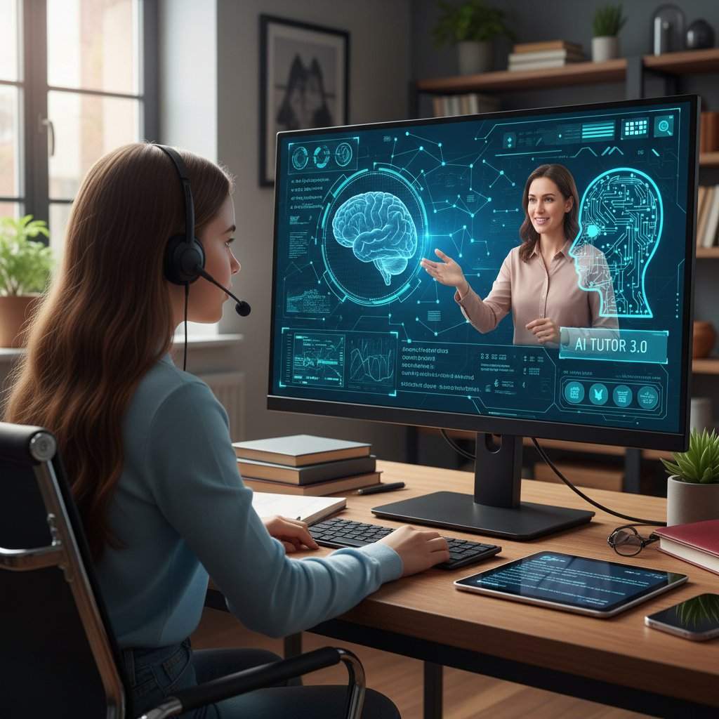 Różnorodność korepetytorów – student, nauczyciel, AI przy jednym stole, symbol edukacji online