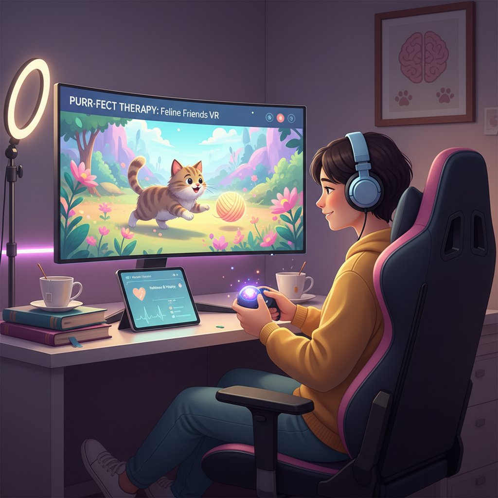 Student korzystający z gry terapeutycznej online, laptop i wirtualny kotek