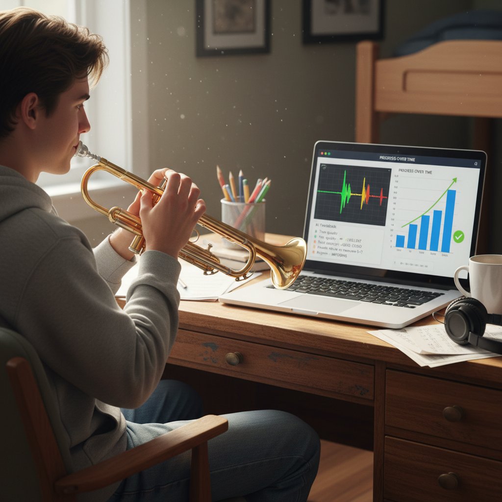 Uczeń korzystający z AI podczas nauki na trąbce, ekran laptopa z wykresem postępów