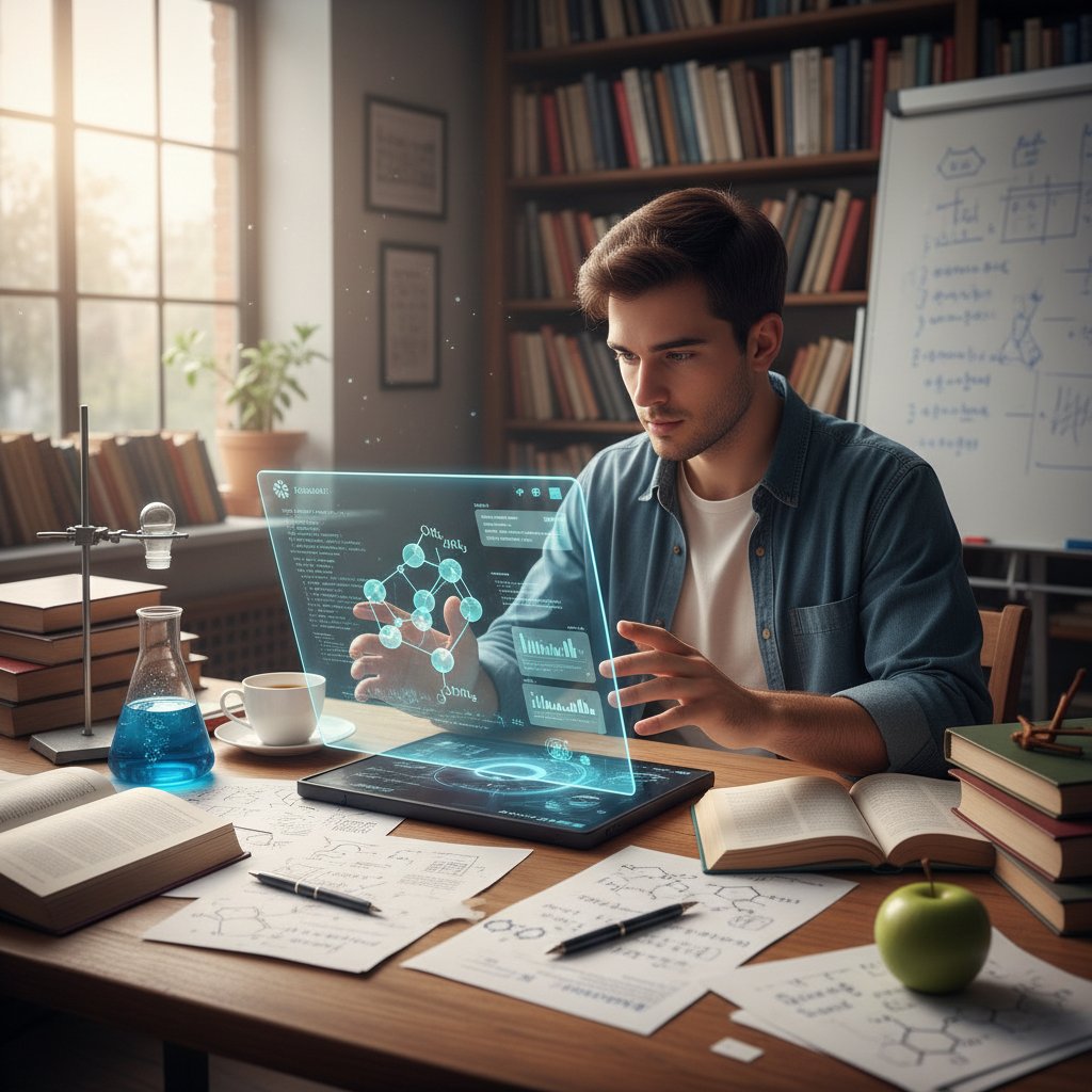 Uczeń korzystający z AI podczas nauki chemii, obok tradycyjnych podręczników i notatek