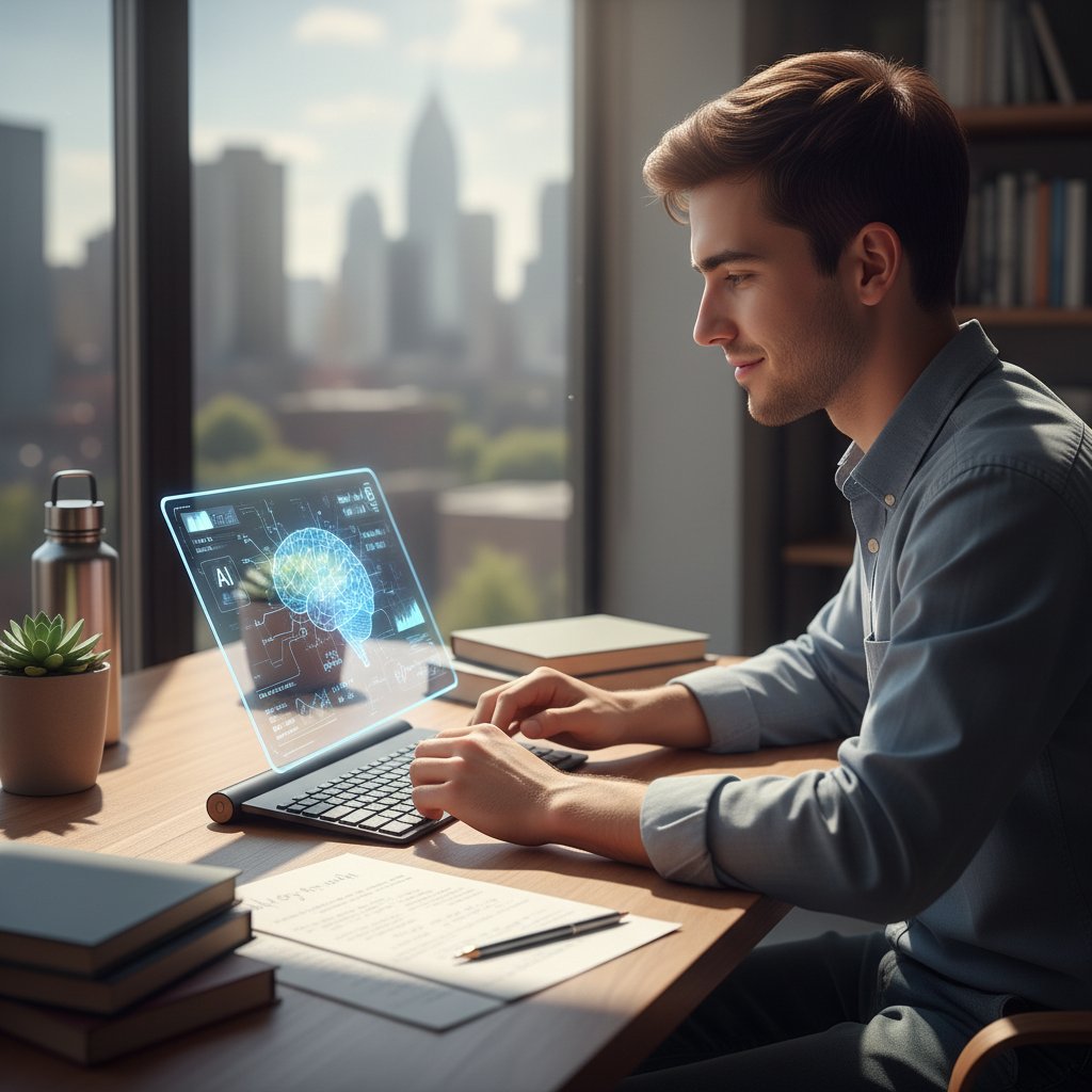 Student przygotowujący się do egzaminu online z pomocą korepetytor.ai, skoncentrowany przy nowoczesnym biurku