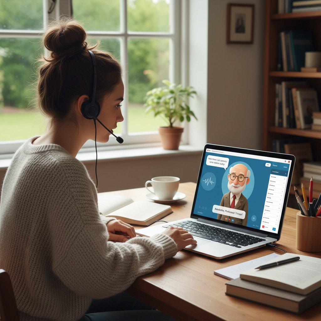 Uczeń pracujący z osobistym korepetytorem AI podczas konwersacji po angielsku
