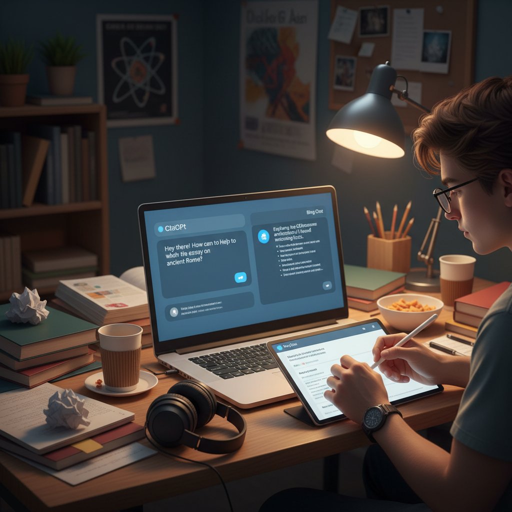 Student korzystający równolegle z chatgpt i bing chat podczas nauki