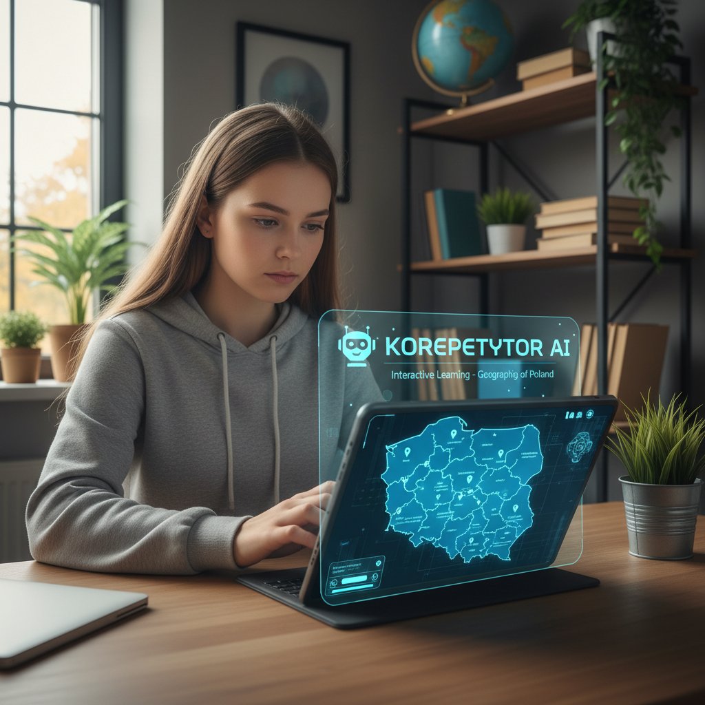 Uczeń korzystający z platformy korepetytor.ai, analiza mapy Polski
