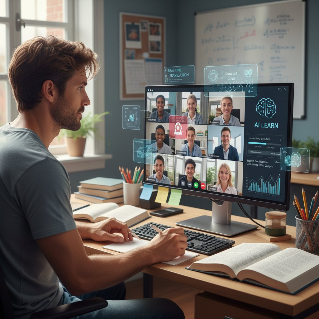 Uczeń podczas wideorozmowy z nauczycielem i równoczesnego korzystania z aplikacji AI – hybrydowy model nauki