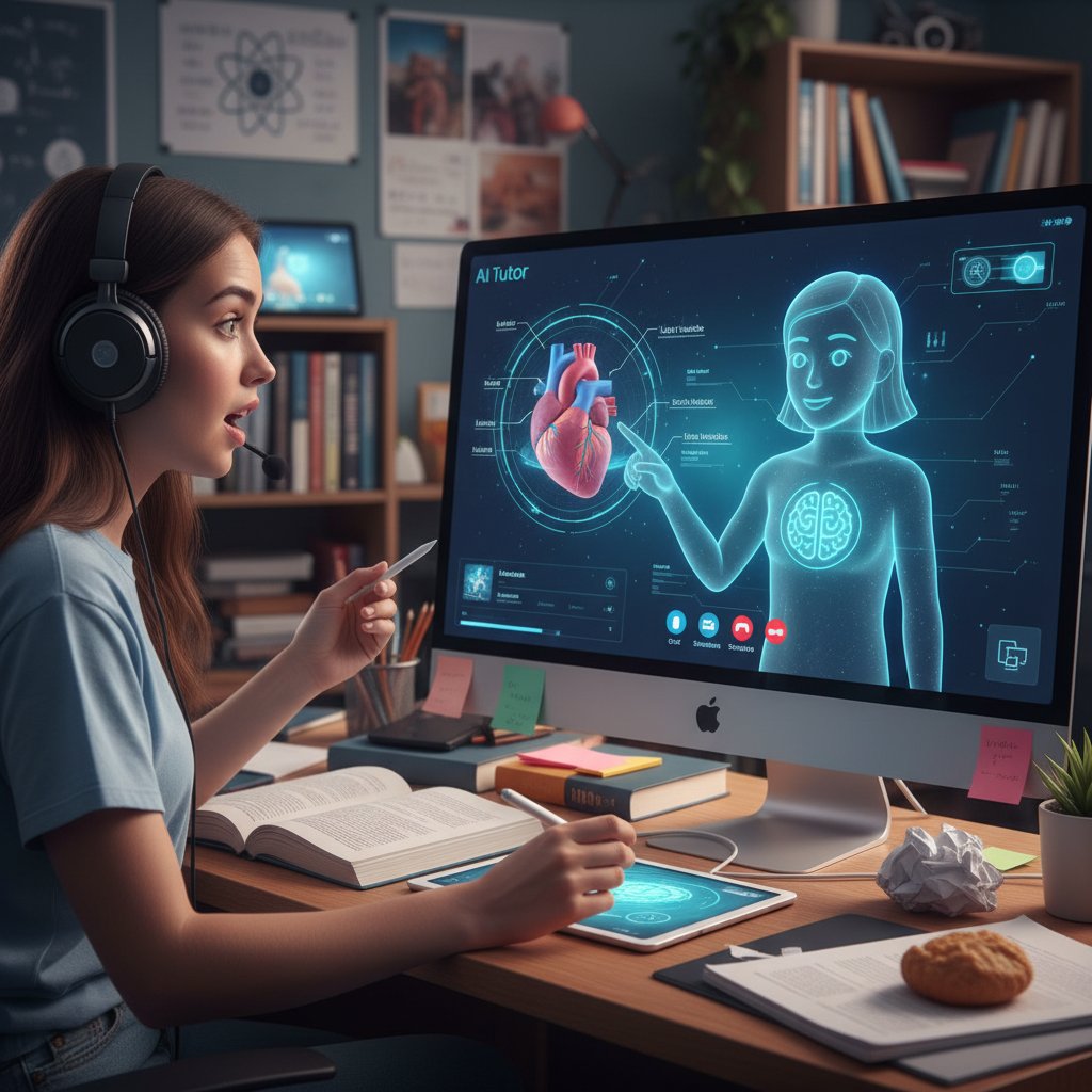 Uczeń podczas wideorozmowy z AI, ekran pełen interaktywnych materiałów edukacyjnych