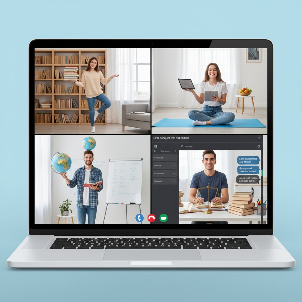 Uczeń rozmawiający przez wideo z kolegami podczas wspólnej nauki, zachowana równowaga