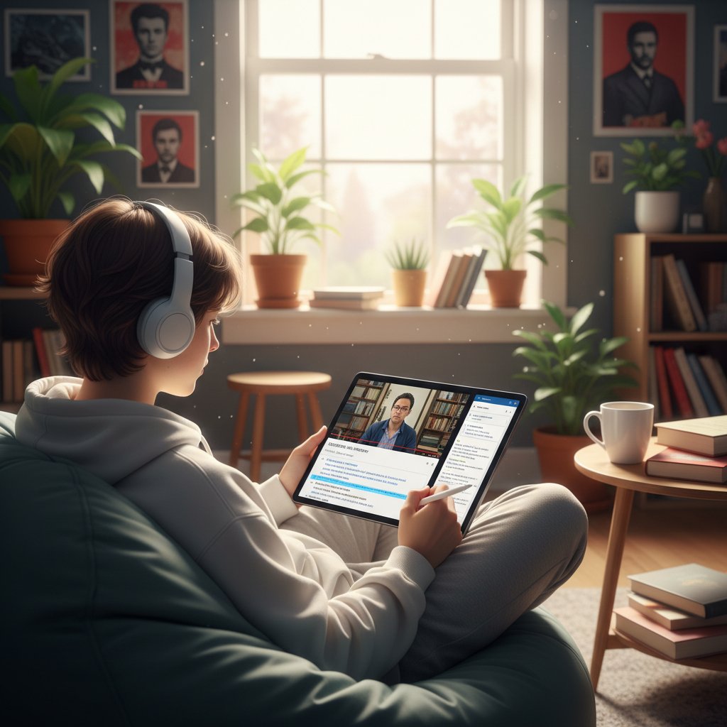 Studentka analizuje transkrypcję wideokonferencji edukacyjnej na tablecie w domu