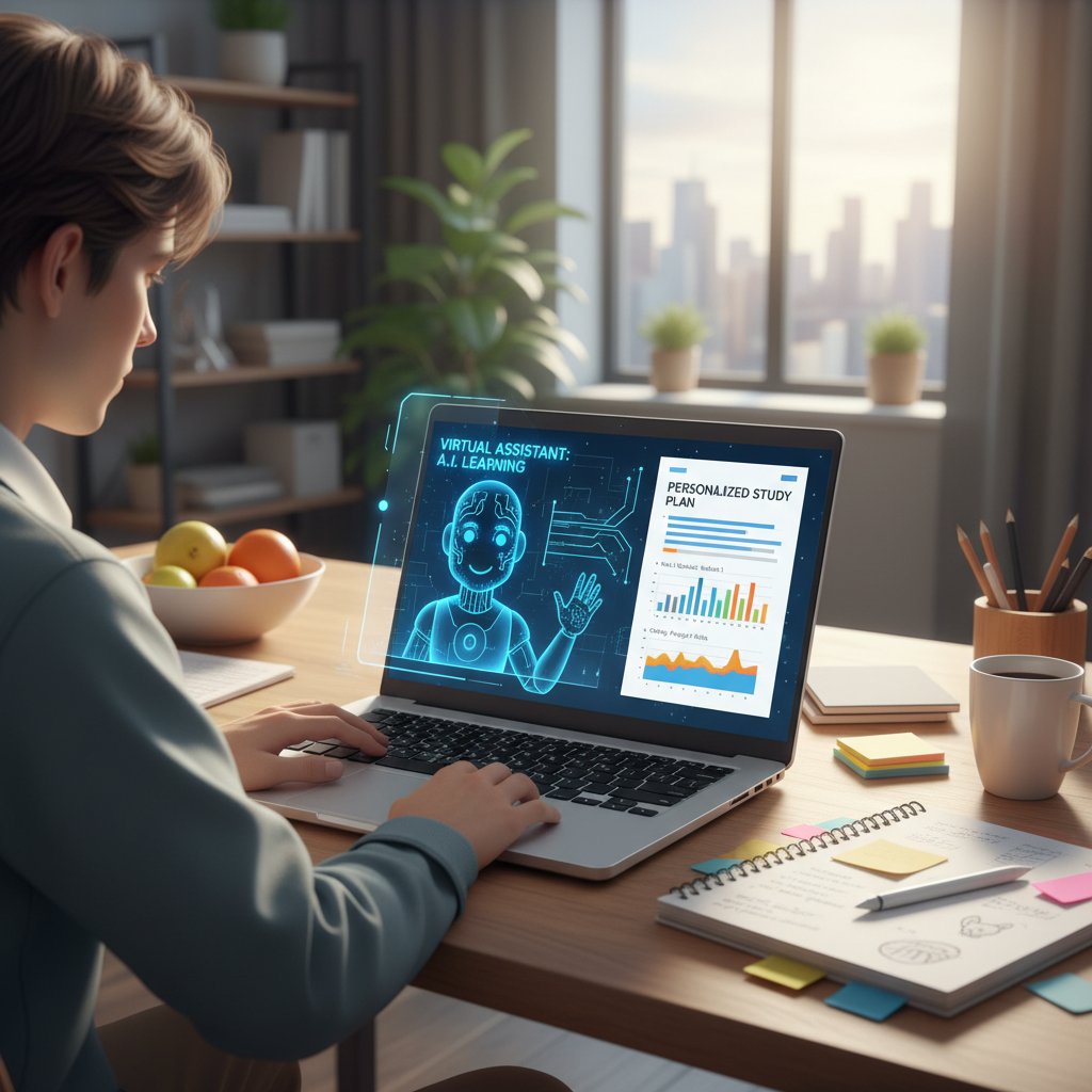 Uczeń pracujący z wirtualnym asystentem AI, planując naukę z laptopem i notatkami