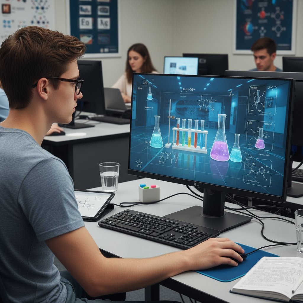 Uczeń wykonuje symulację eksperymentu chemicznego w wirtualnym laboratorium na komputerze