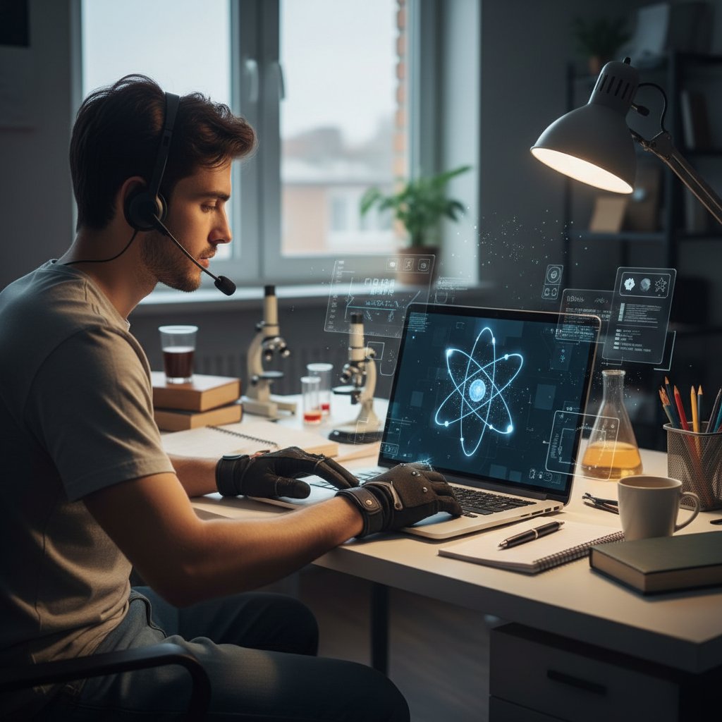 Student obsługuje wirtualne laboratorium na laptopie, ekran z widokiem na model atomu
