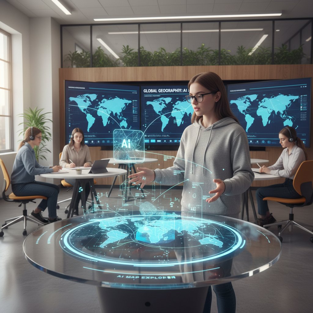 Uczeń korzystający z wirtualnej mapy i narzędzi AI podczas lekcji geografii