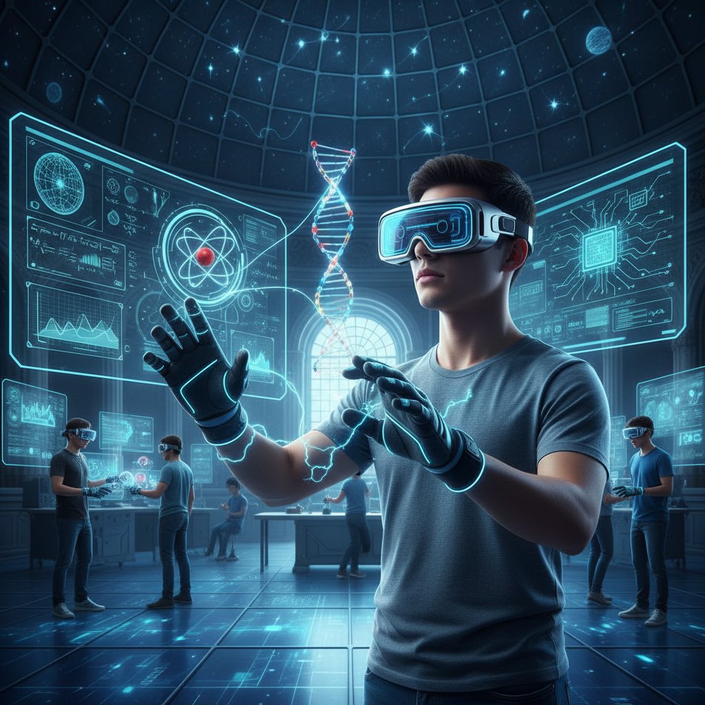 Uczeń w goglach VR uczący się fizyki w wirtualnym laboratorium