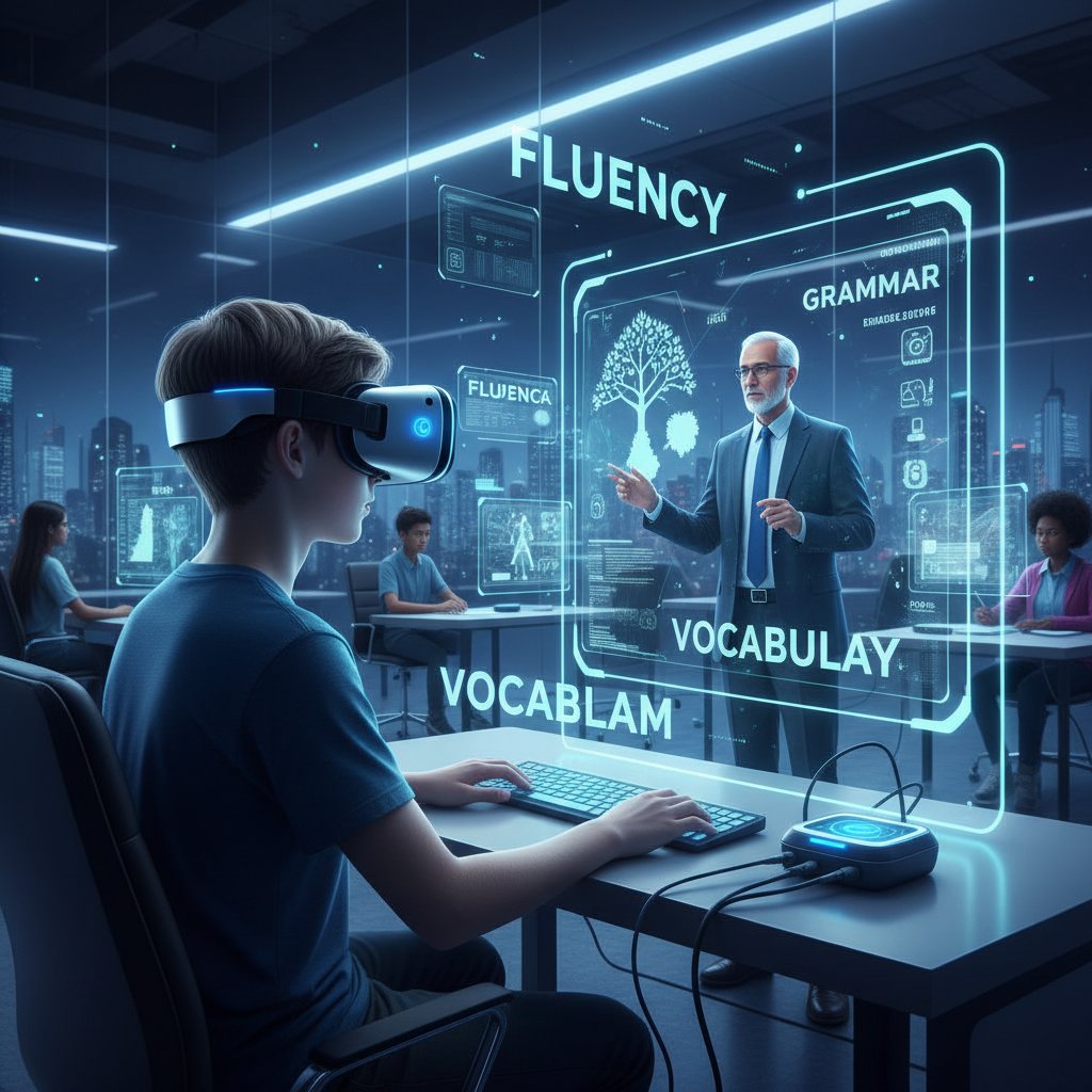 Uczeń z okularami VR uczący się angielskiego w wirtualnej klasie – nowoczesne technologie w edukacji