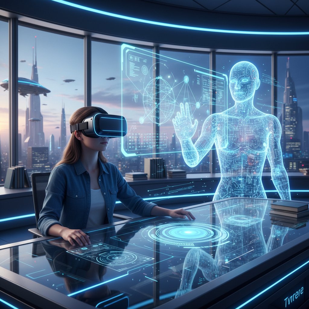 Uczeń korzystający z gogli VR podczas nauki z korepetytorem AI, dynamiczna scena edukacyjna