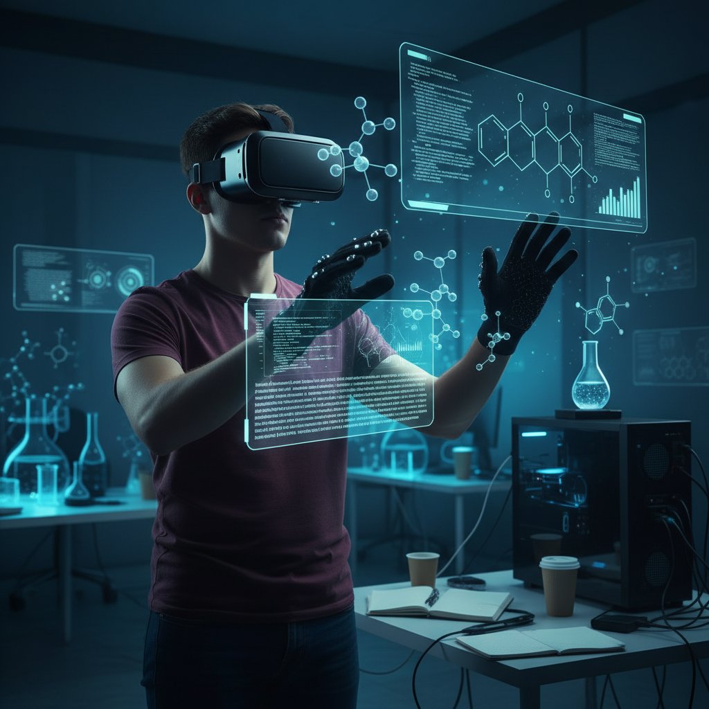 Student z okularami VR analizujący dane chemiczne w wirtualnym laboratorium
