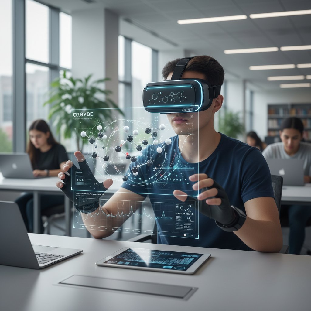 Uczeń w goglach VR uczący się kinetyki chemicznej na nowoczesnej platformie edukacyjnej