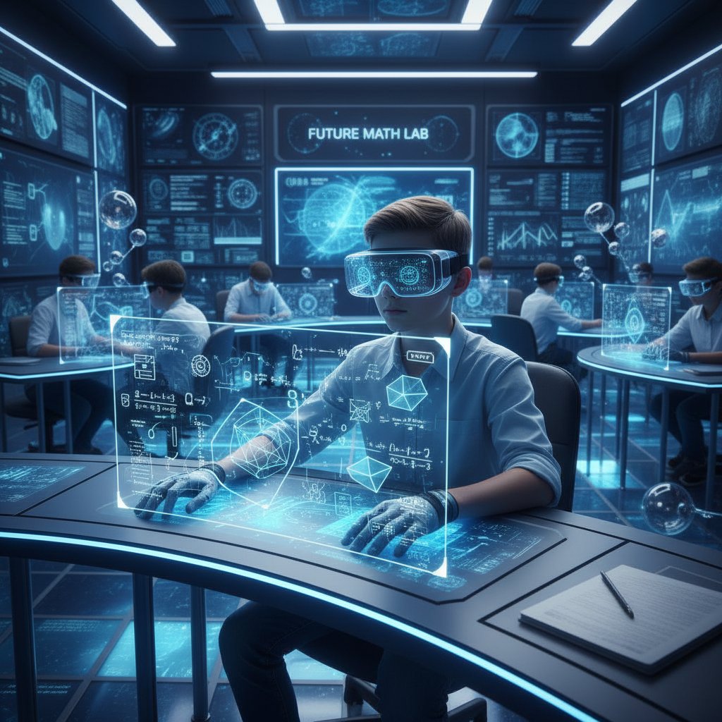 Uczennica korzystająca z gogli VR podczas lekcji matematyki, nowoczesna klasa, cyfrowe laboratorium edukacyjne