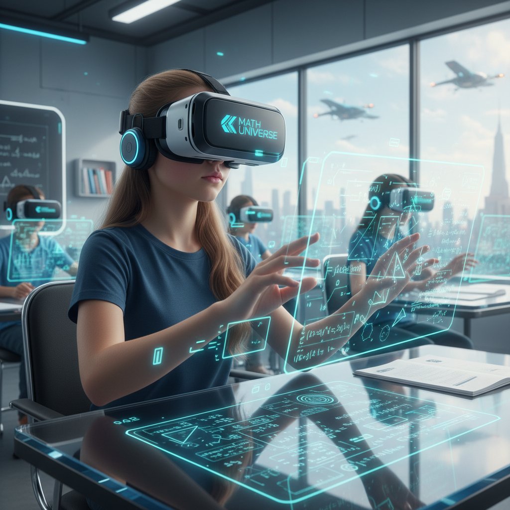 Uczeń korzystający z gogli VR podczas lekcji matematyki, nowoczesne technologie w edukacji