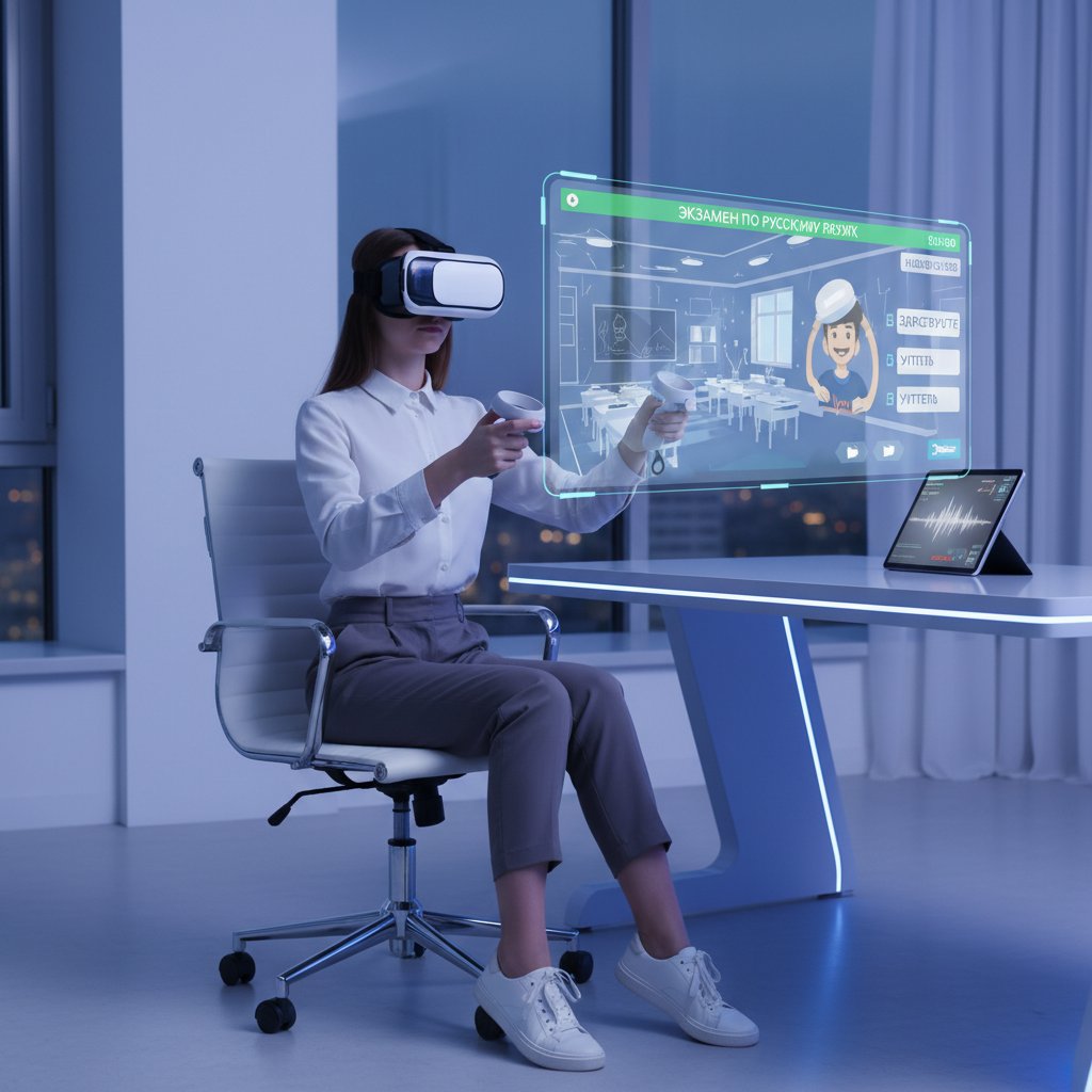 Uczeń w goglach VR, wirtualna sala egzaminacyjna, nauka rosyjskiego w immersji, nowoczesna technologia, dynamiczne światło