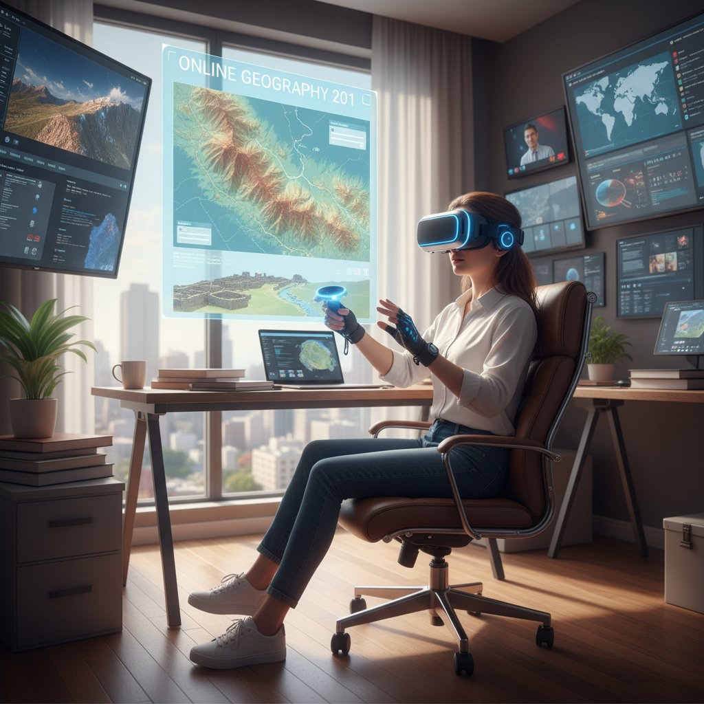 Uczeń korzystający z gogli VR podczas wirtualnej wycieczki geograficznej