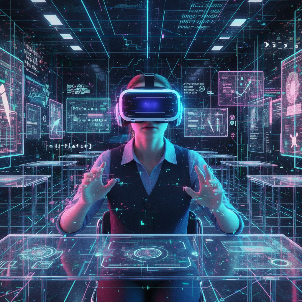 Przyszłość nauki online – student w okularach VR w cyfrowej klasie