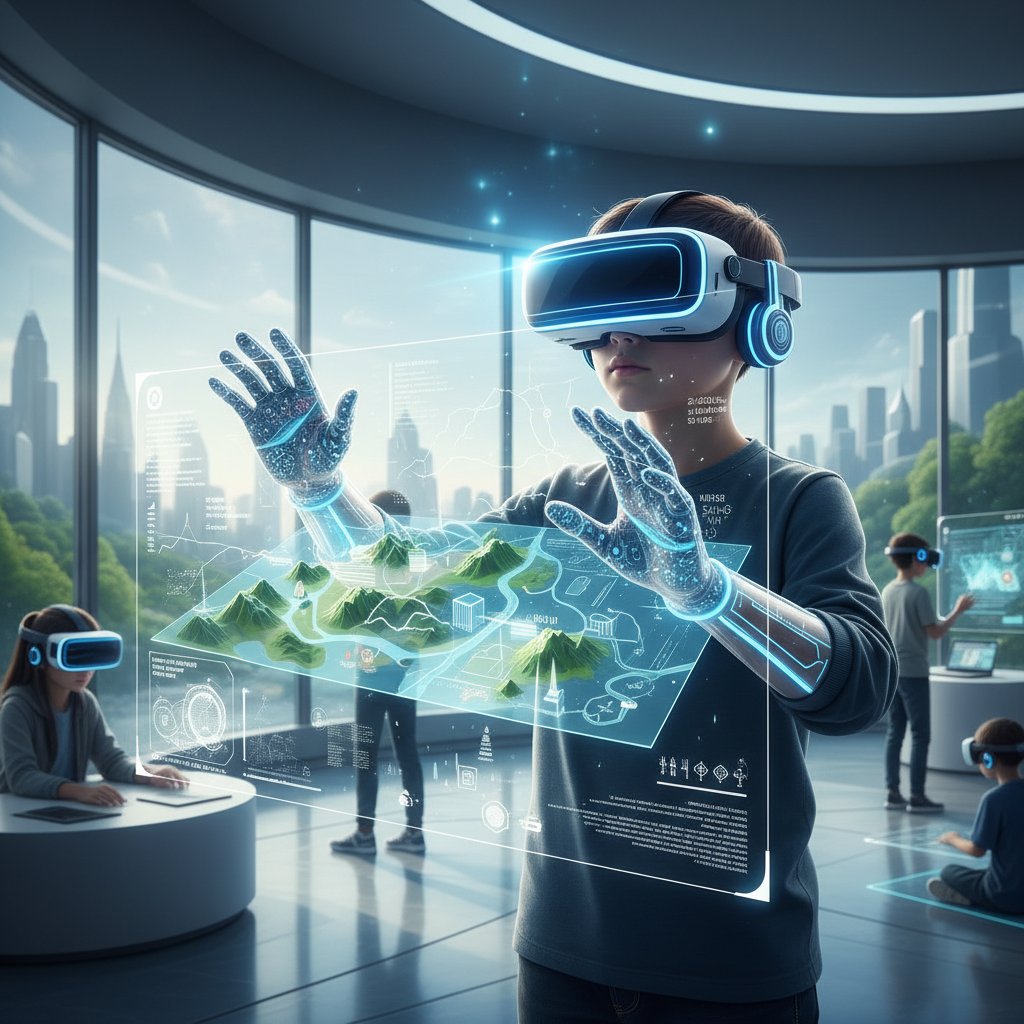 Uczeń w goglach VR, eksplorujący wirtualną mapę świata, dynamiczne światło, edukacja przyszłości