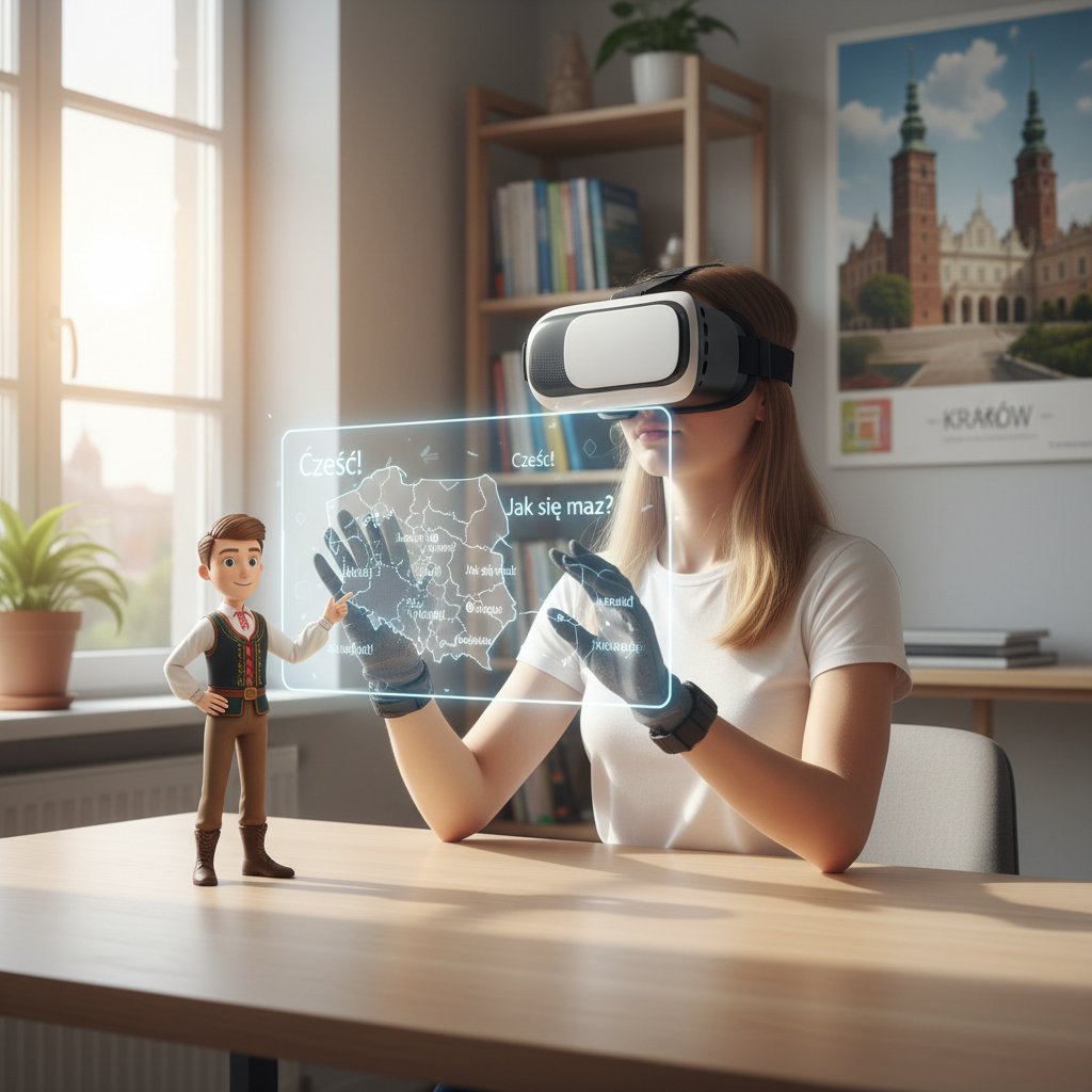 Uczeń korzystający z VR do nauki polskiego online, nowoczesna technologia edukacyjna