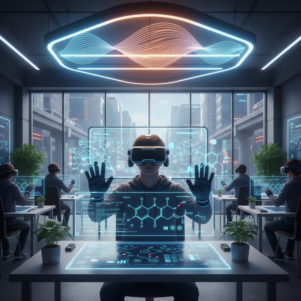 Student korzystający z okularów VR podczas lekcji chemii farmaceutycznej; dynamiczne światło, atmosfera nowoczesności