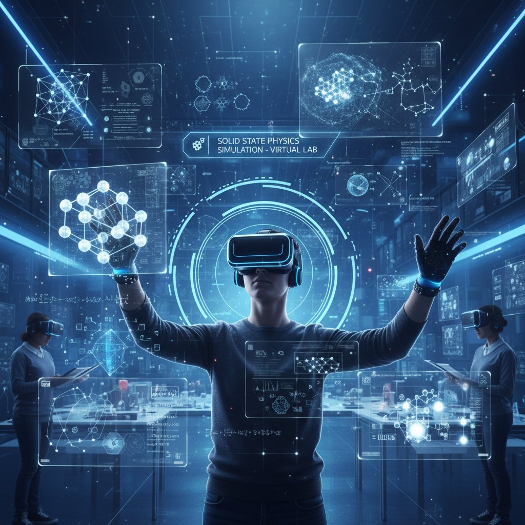 Student w goglach VR uczestniczący w wirtualnym laboratorium fizyki ciała stałego, ekrany z symulacjami wokół