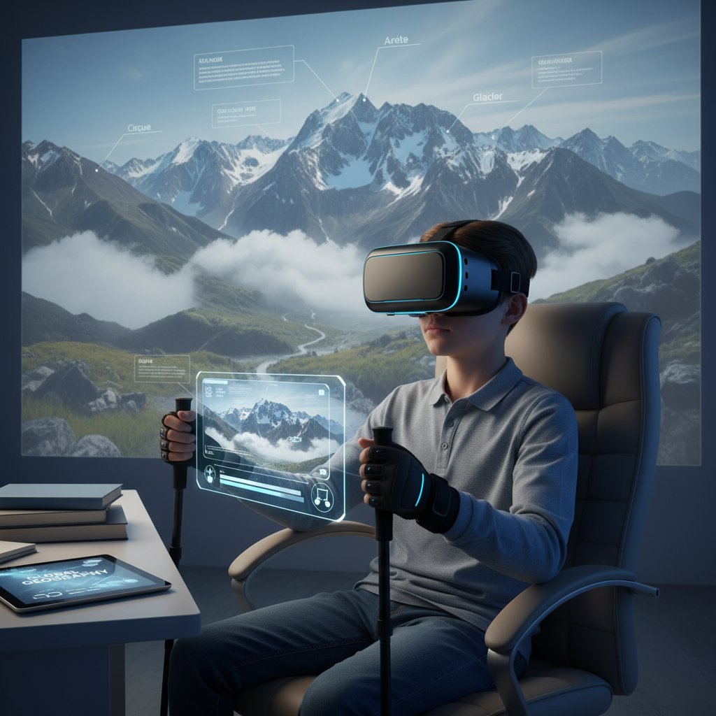 Uczeń w goglach VR, wirtualny spacer po polskich górach