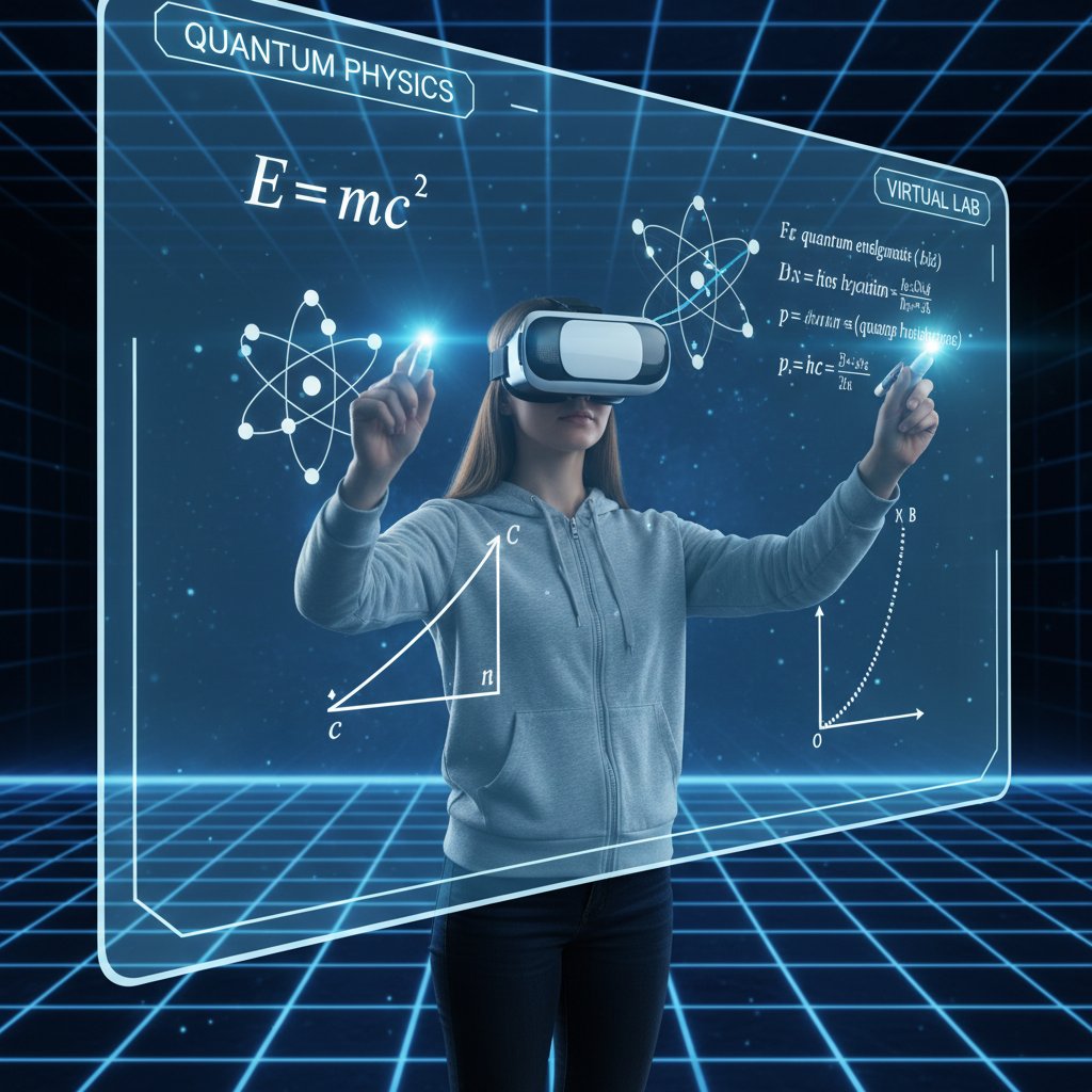 Uczeń w goglach VR, wirtualna tablica z równaniami