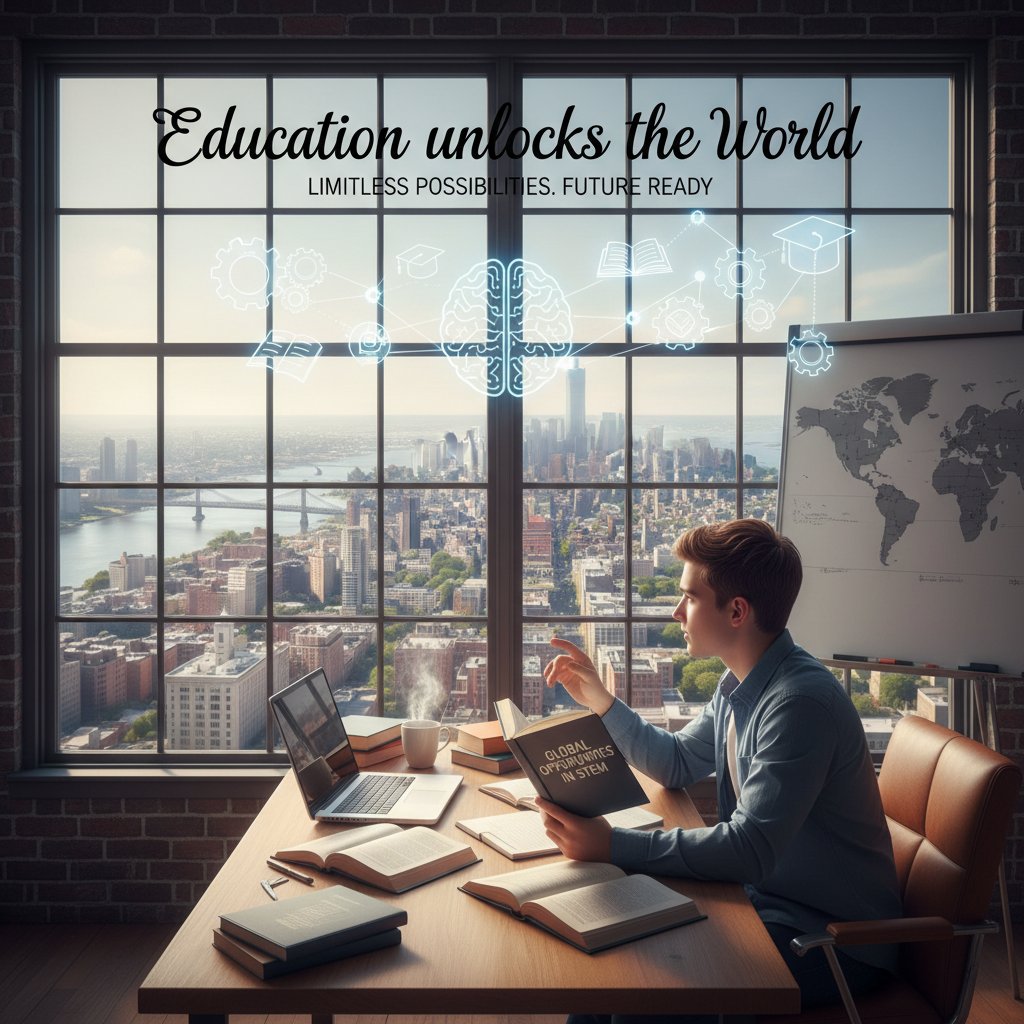 Odważny uczeń patrzący przez okno na panoramę miasta – symbol ambicji i nowych możliwości edukacji online