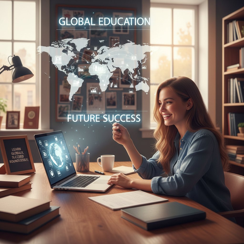 Uczeń na tle mapy świata, laptop, symboliczne otwarcie na globalną edukację, motywująca atmosfera sukcesu