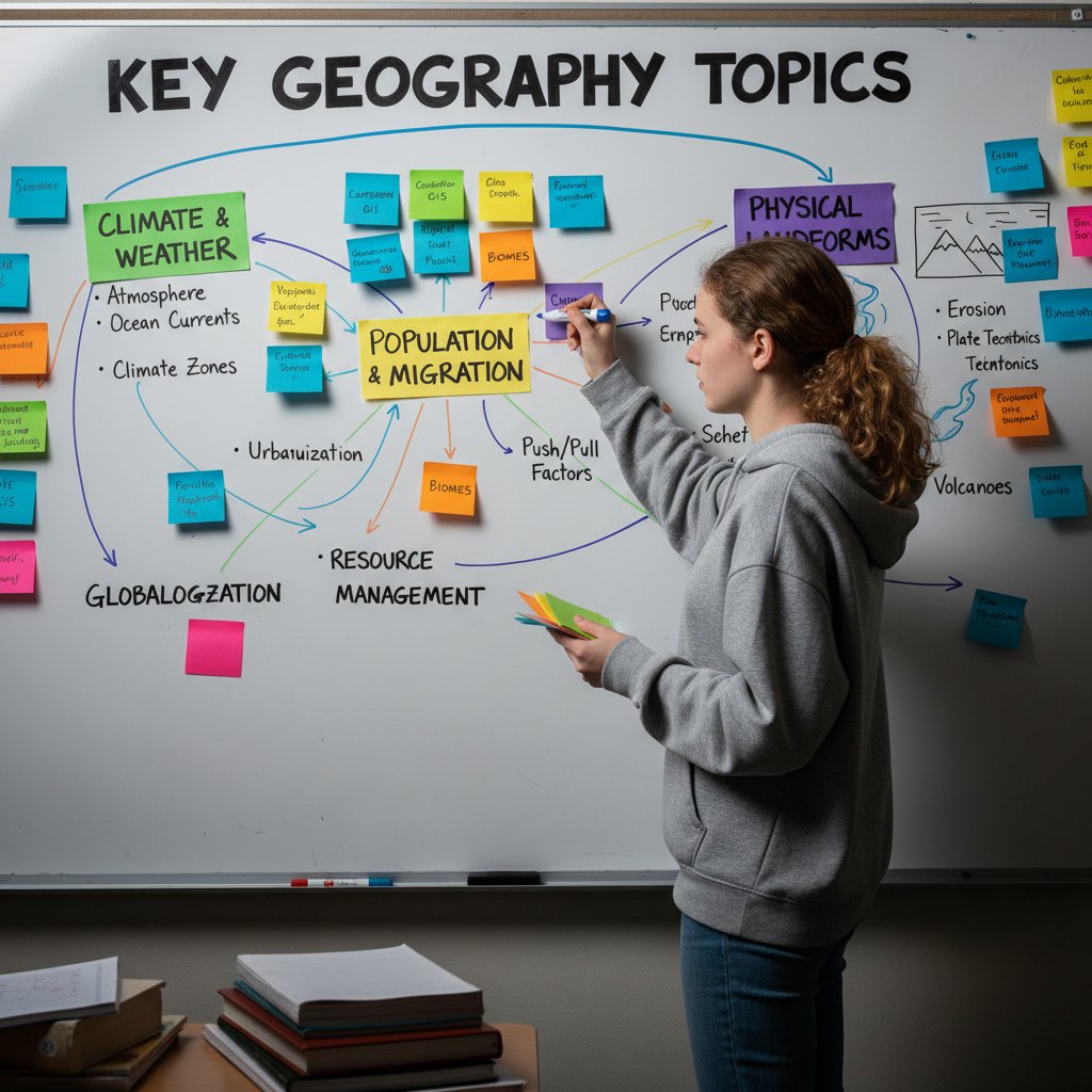 Uczeń notuje kluczowe zagadnienia geografii online na tablicy, wokół rozrzucone kolorowe notatki