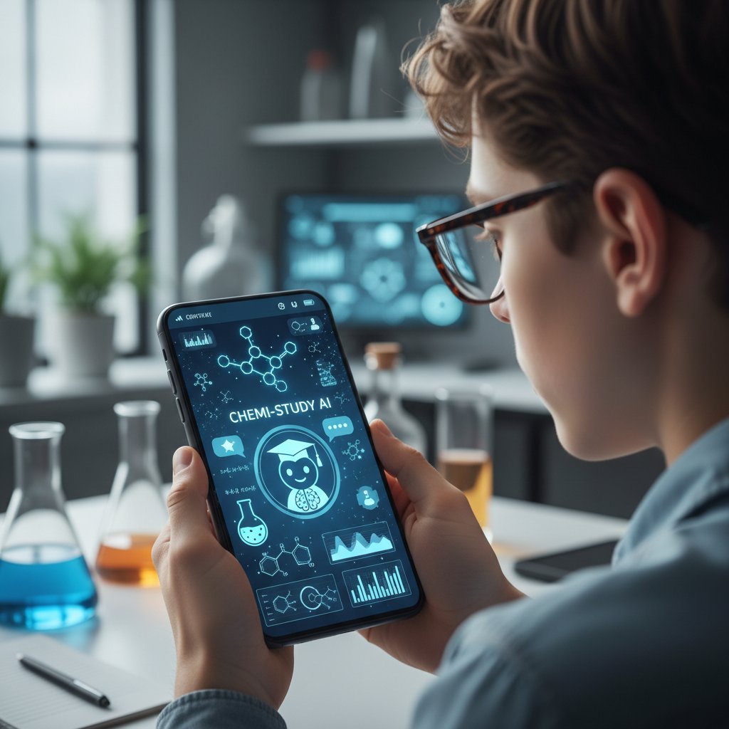 Uczeń korzysta z czatu AI do nauki chemii na smartfonie, interfejs chemiczny, nauka online